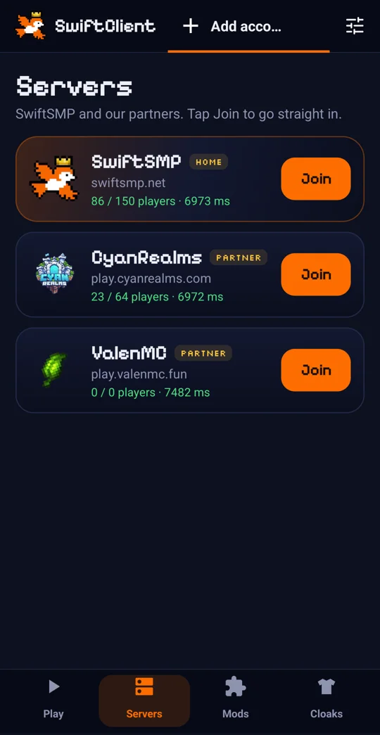 SwiftClient for Android Servers tab