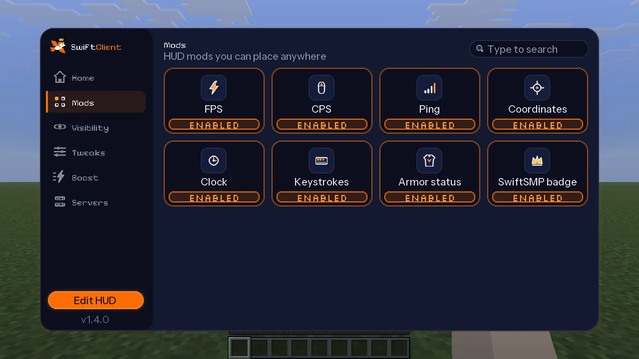 SwiftClient Right Shift menu with HUD mods