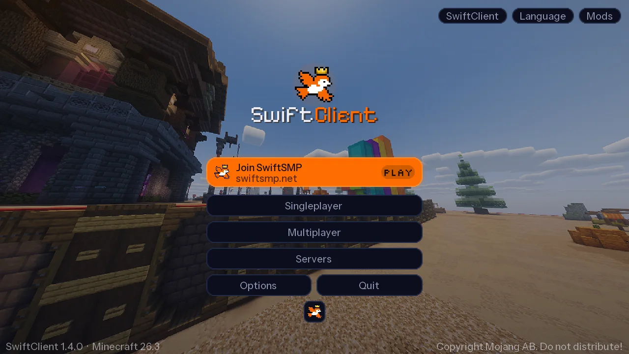 SwiftClient title screen in Minecraft with Join SwiftSMP button