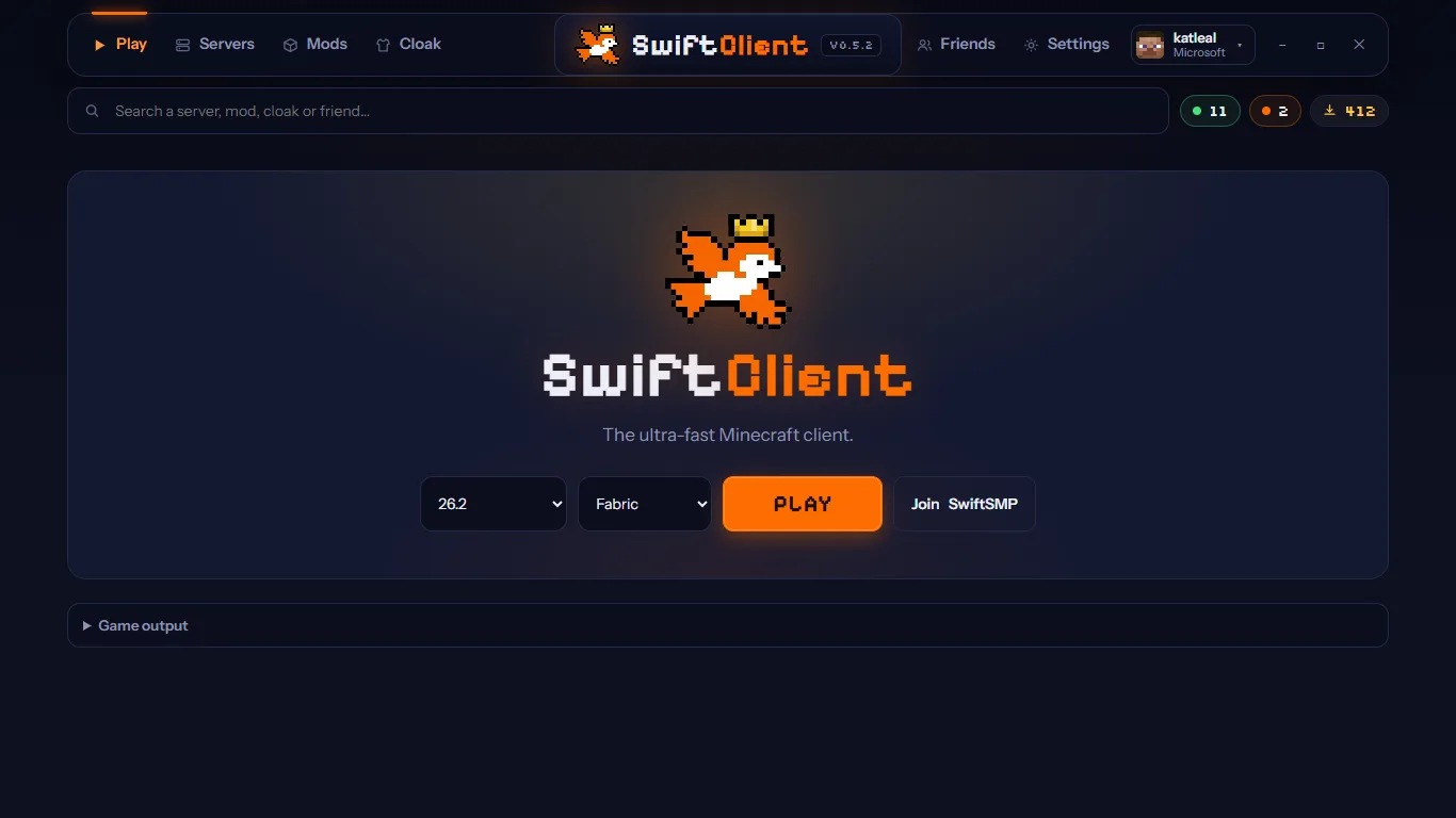 SwiftClient launcher Play screen